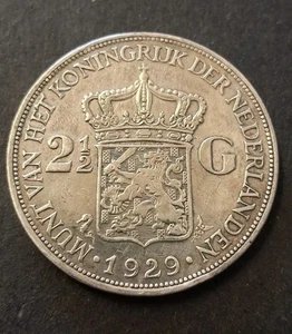 Netherlands 2½ Gulden 1929 Silver (.720) Coin - Queen Wilhelmina - Picture 1 of 6