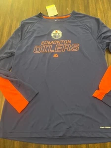 Edmonton Oilers Mens Long Sleeve Shirt size large By Majestic top blue orange - Picture 1 of 13