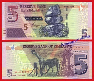ZIMBABWE 5 Dollars bond dolares 2016 (2017) Pick 100 AA SC / UNC - Imagen 1 de 1