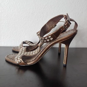 Manolo Blahnik Shoe Bronze Leather Silver Studded Strap New Size 37 US 6.5 - Picture 1 of 7