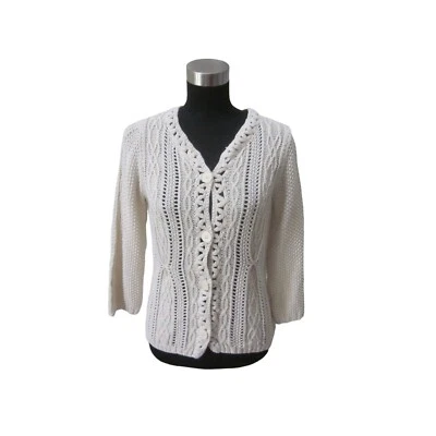 COLDWATER CREEK Oatmeal 3/4 Sleeve Button Front Cable Knit Cardigan Sweater S - Image 1 of 4