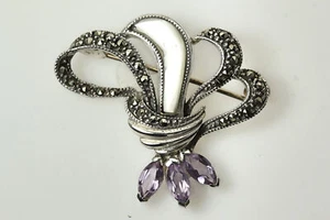 925 Sterling  MOP Floral White & Purple & Clear Stones Pendant -7.7g (PEN6976) - Picture 1 of 4