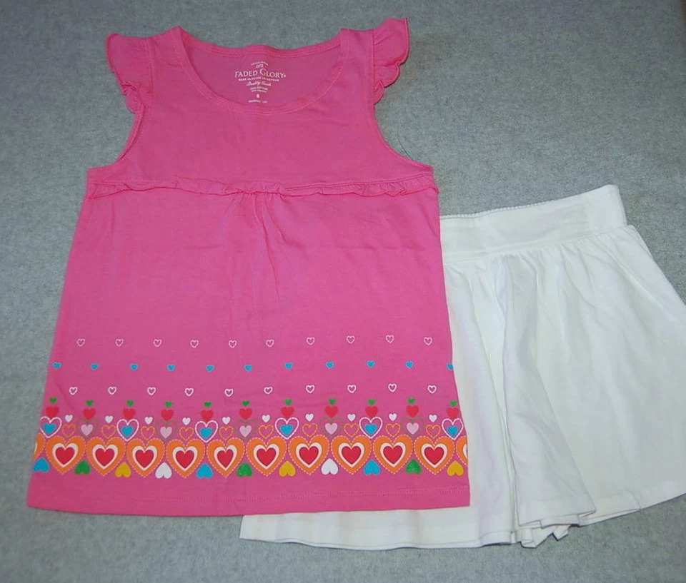 Girls PINK TUNIC TANK TOP Colorful Hearts WHITE SHORTS Skirt Look SIZE 4 5 6 7 8 - Image 1 of 2