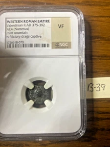 WESTERN ROMAN EMPIRE VALENTINIAN II AE4 NUMMUS RV. VICTORY DRAGS CAPTIVE NGC VER - Picture 1 of 2