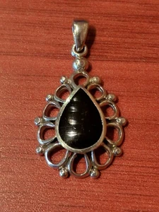 Vintage Ornate Sterling Silver Black Opal Colored Rock Teardrop Pendant 925 - Picture 1 of 6