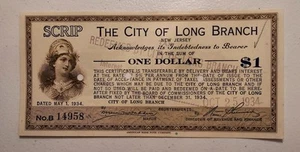 1934 City Of Long Branch, New Jersey $1 Scrip Depression Era Cancelled Note - Picture 1 of 2