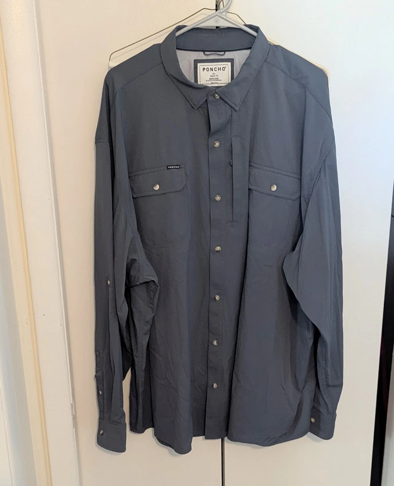 Poncho Fishing Shirt Mens Size 3XL Blue Long Sleeve Button Up Magnetic Pockets - Image 1 of 4