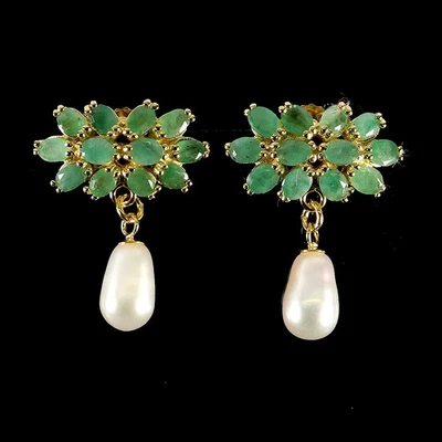 Pendientes de plata de ley 925 ovalados perlas esmeralda piedras preciosas naturales joyería Foto 1 de 4