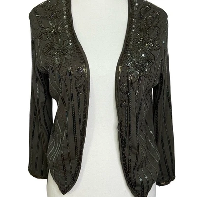 Black Embellished Sequin Beaded Bolero Crop Jacket Large Holiday Party Cocktail - Image 1 of 4