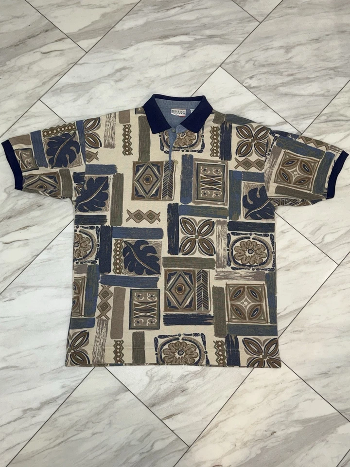Vintage Bugle Boy Company Size Medium Polo Shirt Abstract Nature Aztec Pattern - Image 1 of 4