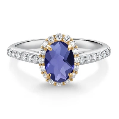 10K White Gold Blue Iolite White White Lab Grown Diamond Halo Engagement Ring - Image 1 of 4