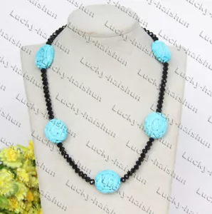 Autentica collana 19" 25 mm intagliata ovale blu cielo turchese nera agata c344 - Foto 1 di 4