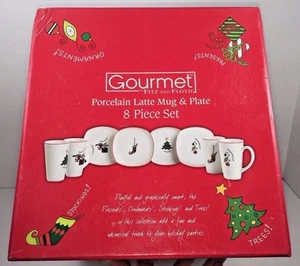 Fitz & Floyd Gourmet 2007 Christmas 8 Piece Porcelain Latte Mug & Plate Set NIB - Picture 1 of 12