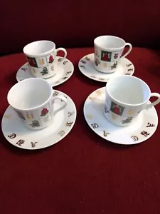 Demitasse Cups And Saucers 18K Mann ABC Christmas Fine Chain Set of 4 Vintage - Picture 1 of 10