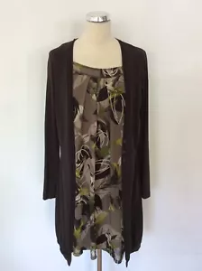 SANDWICH BROWN & GREEN LEAF DESIGN SHIFT DRESS WITH OVERLAY CARDIGAN SIZE S - Picture 1 of 3