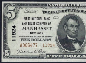 🇺🇸NY 1929 $5 TYPE-2 ♚♚MANHASSET,NEW YORK♚♚ PCGS EX FINE 45 PPQ RARE NOTE!!! - Picture 1 of 3