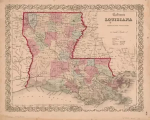 Colton's Map of Louisiana, 1855, 1800's- New Photo Reproduction of Old Map - Picture 1 of 1