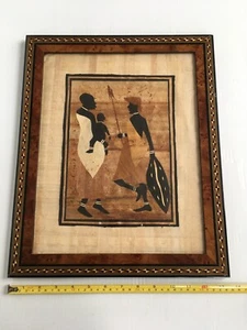 African Art Banana Leaf Collage Warrior and Male and Child Framed 11 x 14" Kenya - Picture 1 of 7