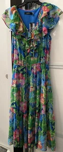 Ralph Lauren Women Blue Floral Crinkle Georgette Tiered Dress Plus Sz 14W - Picture 1 of 9