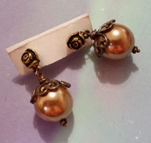 Pendientes colgantes de perlas Mar del Sur 14 mm Vermeil 14KYGF detalles de rosas 1" 13 g - Imagen 1 de 6