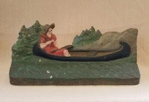 Antique Lady In Canoe Cast Iron Doorstop, National Foundry, #133 - Picture 1 of 6