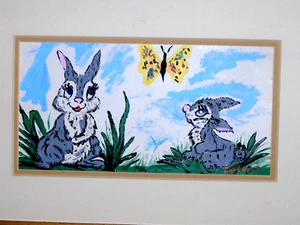 GIFT Bunny Rabbits Original Watercolor + Ink Mated Framed Child’s Baby’s Room - Picture 1 of 12
