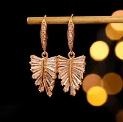 Unique Fire Leaf Cut White Topaz Zirconia Gemstone Gold Plated Stud Earrings - Image 1 of 4
