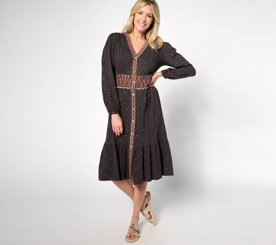 Denim & Co. Canyon Retreat Regular Button Front Midi Dress Washed Black 1X New - Image 1 of 1