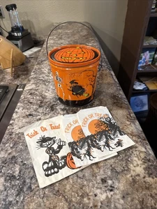 Vintage 1982 General Can Halloween Tin Bucket Jack O Lantern Witch W/3 Treat Bag - Picture 1 of 15
