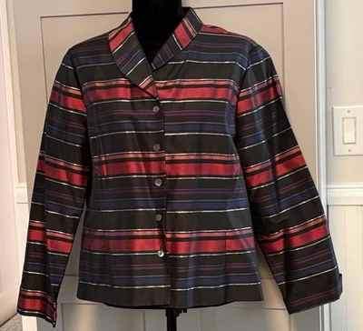 Talbots Women 16P Black Silk Striped Metallic Button Front Blouse Petites Blazer - Image 1 of 4