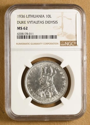 1936 Lithuania Silver 10 Litu 'Duke Vytautas Didysis' NGC MS62 - Image 1 of 4