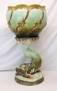 💥Jugendstil EICHWALD verzierter DELFIN Porzellan MAJOLICA Übertopf & Ständer ÖSTERREICH - Bild 1 von 24