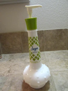 BOTTIGLIA LOZIONE VINTAGE JERGEN'S VETRO LATTE PIANO COTTURA VERDE E BLU LOGO STILE POMPA - Foto 1 di 6