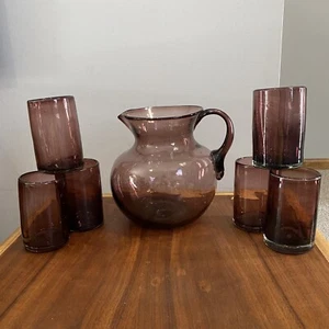 Purple Mexican Hand Blown Bubble Glass Set of Six 12oz Cups plus Pitcher (Read!) - Picture 1 of 18