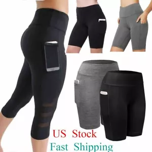 Damen Capri Yogahose Leggings mit Taschen High Waist GYM Fitnesshose - Bild 1 von 15