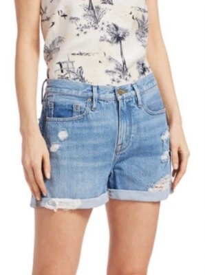 Pantalones Cortos Montura Denim Le Beau Tiro Alto Denim Lavado Ligero Desgastados Talla 29 $210 Foto 1 de 4