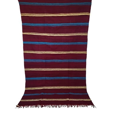 Handmade Moroccan Wool Rug Blue Yellow Stripes Fringe Berber Tribal Carpet 9x5 - Image 1 of 4