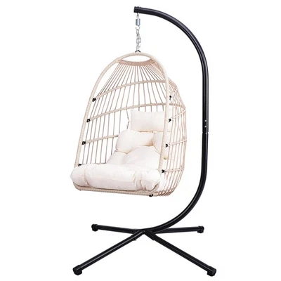 Outdoor Egg Hanging Chair with Stand, Patio Wicker Swing Egg Chair, Off-white - Image 1 of 4