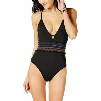 Bar III Smocked Plunging One Piece Swimsuit Black S New Rainbow Embroidered - Image 1 of 4
