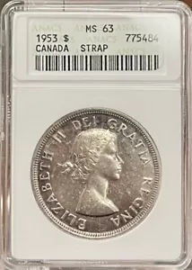 SILVER 1953 Canadian Dollar "Canada Strap" Anacs MS63 SS~164 - Picture 1 of 4
