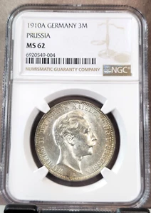 1910 GERMANY SILVER 3 MARK PRUSSIA KING WILHELM II NGC MS 62 NICE LUSTER - Picture 1 of 3