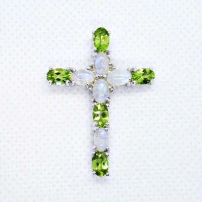 Peridot Regenbogen Mondstein KREUZ Anhänger 925 Silber 585 Weißgold vergoldet - Bild 1 von 4