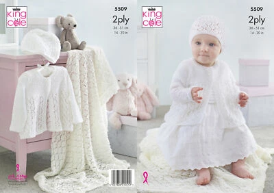Baby Knitting Pattern Lacy Matinee Jacket Shawl & Hat King Cole 2 Ply 5509 - Image 1 of 3