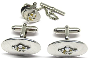 Vintage Anson Shriners Cufflinks Tie Pin Set Oval Brushed Silver Men Formal Wear - Picture 1 of 5