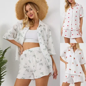 Ladies Loose Cotton Pyjamas Set Print Pjs Summer Beach Suit Loungewear Nightwear - Picture 1 of 18