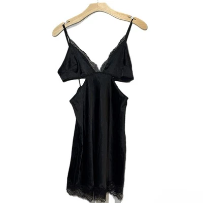 Victoria’s Secret M Satin Black Lace Trimmed Side Slit Slip Dress Nightgown - Image 1 of 4