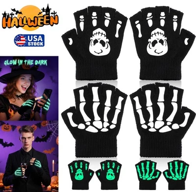Halloween Esqueleto Guantes Sin Dedos Calavera Medio Dedo Tejido Brillan en la Oscuridad EE. UU. Foto 1 de 4