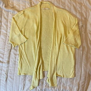 Eileen Fisher Sweater Womens Medium Yellow Linen Open Front Half Sleeve Cardigan - Picture 1 of 9