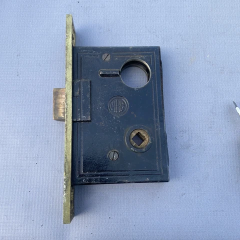 Antique RH Co Lock Set Mortise Reading Hardware 7 3/8" Brass Cover