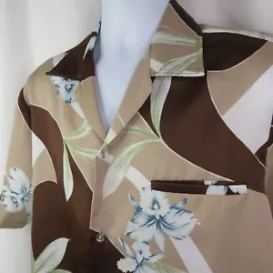 Vintage Lauhala Aloha Hawaiian Shirt Mens L Made in Hawaii Poly Brown Orchids - Picture 1 of 10